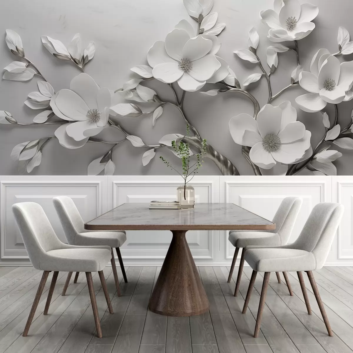 Fototapete Dimensioneller Blumenzweig in reinem Weiß und neutralen Tönen w04039v2
