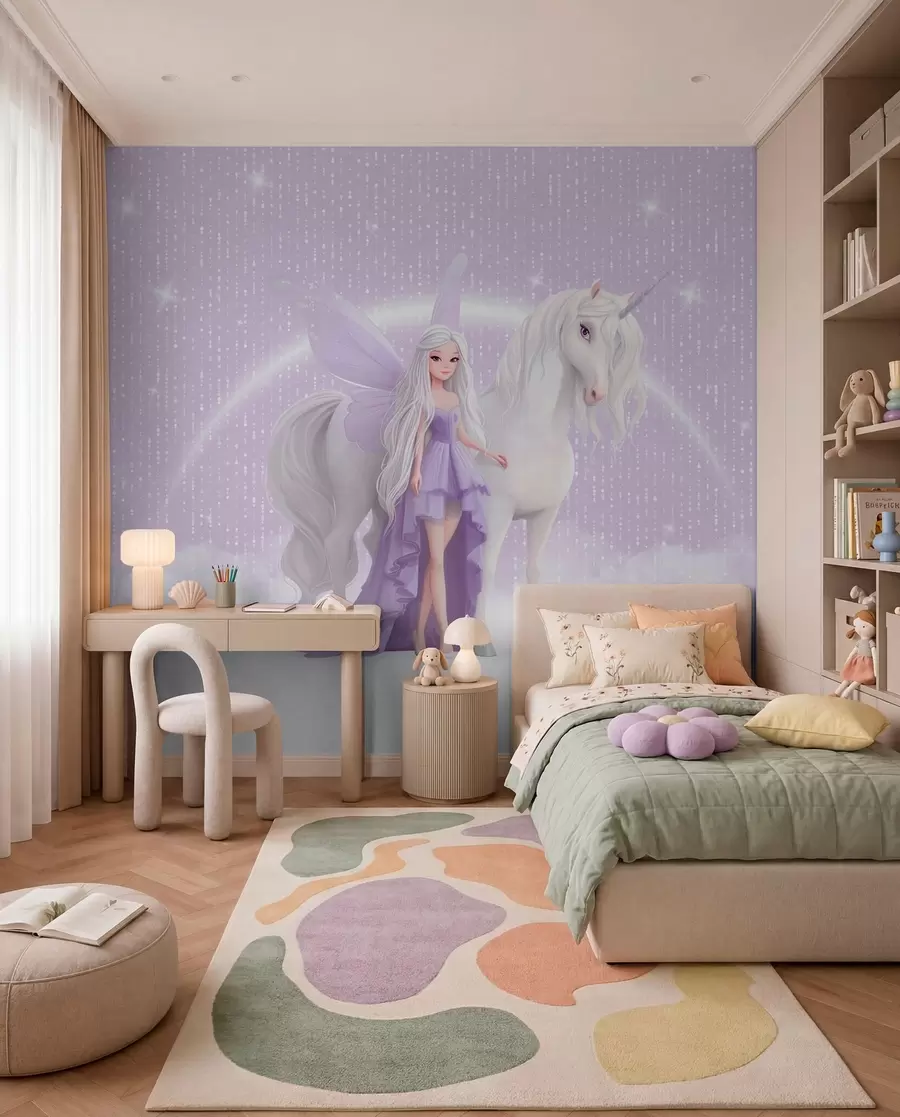 Fototapete Eine Fee mit einem Einhorn in den Wolken w03527