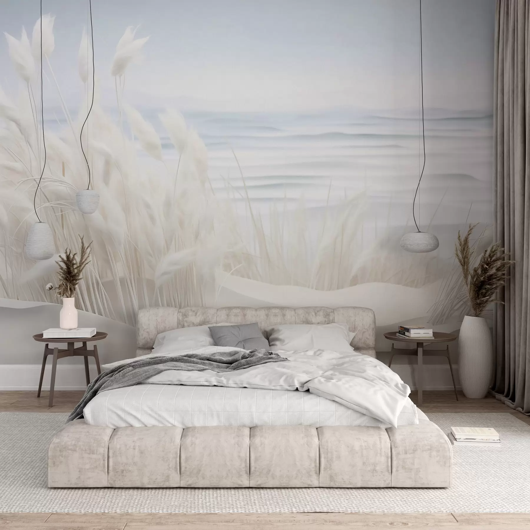 Fototapete Landschaft mit weißem Pampasgras auf einer Sanddüne, mit einem hellblauen Meer im Hintergrund, weicher, minimalistischer Stil w09132