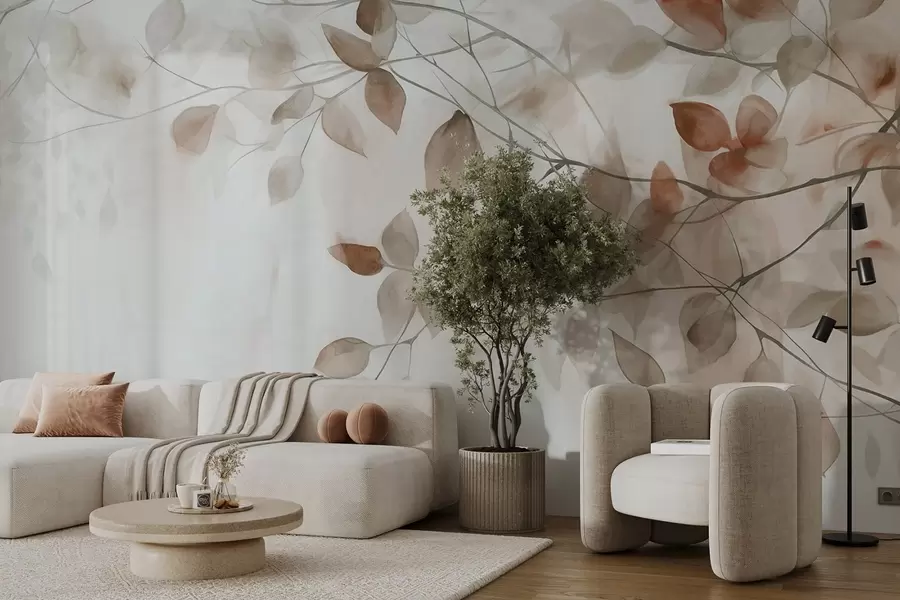 Fototapete Texturale Aquarellmalerei Nachahmung von braunen Blättern und Zweigen, weiche Farben, zarte Details vor weißem Hintergrund w09133