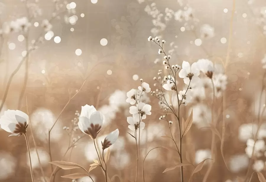 Fototapete Weiße Blumen mit braunen Stängeln und Blättern in einem Feld, Bokeh-Effekt, warme Farbpalette, elegantes von der Natur inspiriertes Kunstwerk w09135