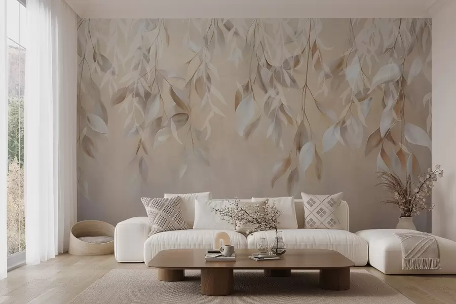 Fototapete Hängende strukturierte weiße und beige Blätter mit einer weichen Farbpalette, Pfirsich, grau und weiß zarten Hintergrund  w09136