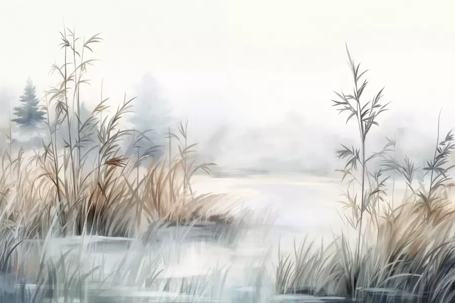 Fototapete Strukturierte Landschaft eines Sees mit hohen Gräsern im Vordergrund, sanftes Blau und Braun, ruhiges Wasser, Bäume in der Ferne w09137