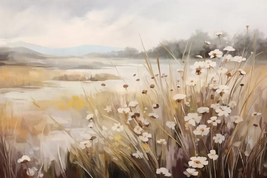 Fototapete Feld mit hohem Gras und weißen Gänseblümchen, Bäume im Hintergrund, unter einem bewölkten Himmel, strukturierte Landschaft, weiche Pinselstriche w09139