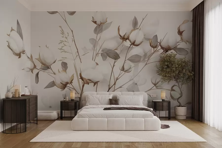 Fototapete Baumwollblüten mit Stängeln und Blättern in einer hellbraunen Farbpalette, beiger Hintergrund, weich und zart, Aquarellstil w09141