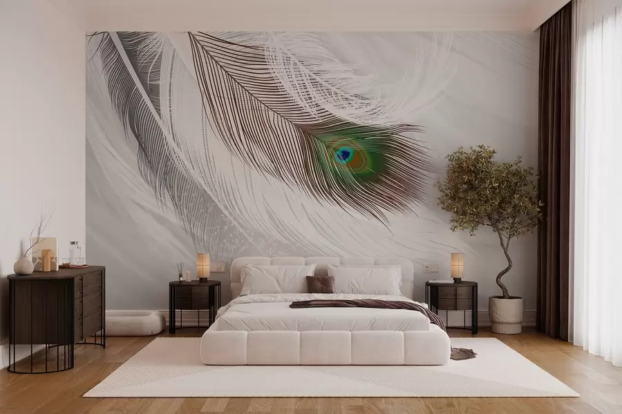 Fototapete eine große Pfauenfeder unter den Federn w03961