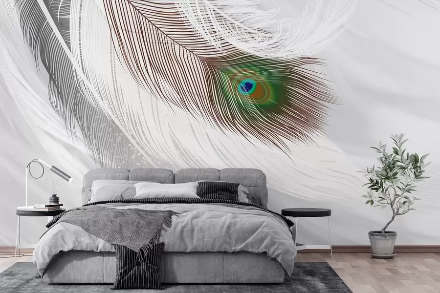 Fototapete eine große Pfauenfeder unter den Federn w03961