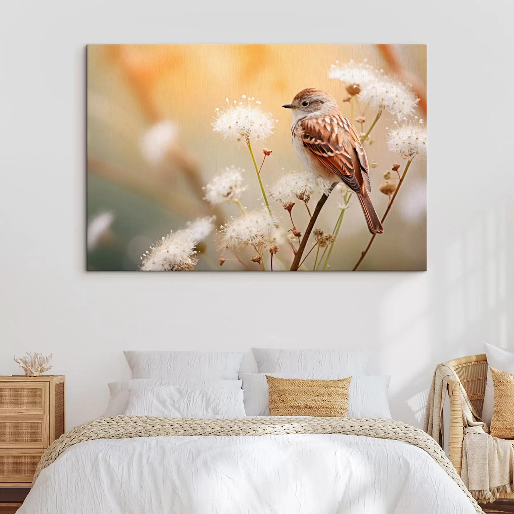 Fototapete Ein Vogel sitzt auf einem Zweig mit weißen Blumen, Weichzeichner, Natur Hintergrund s44393