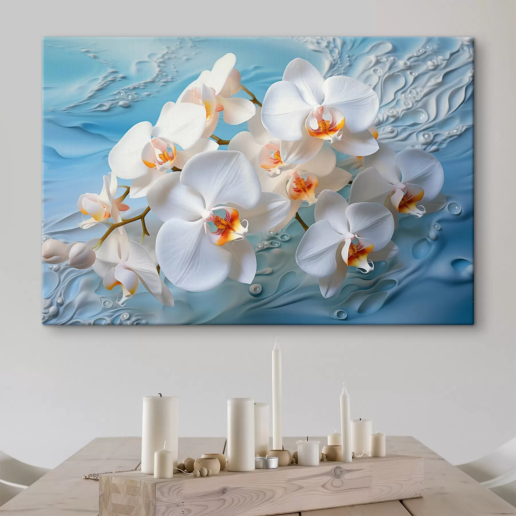 Fototapete Weiße Orchideen, angeordnet auf einer hellblauen Fläche mit Wassertropfen, sanfte Beleuchtung s44401