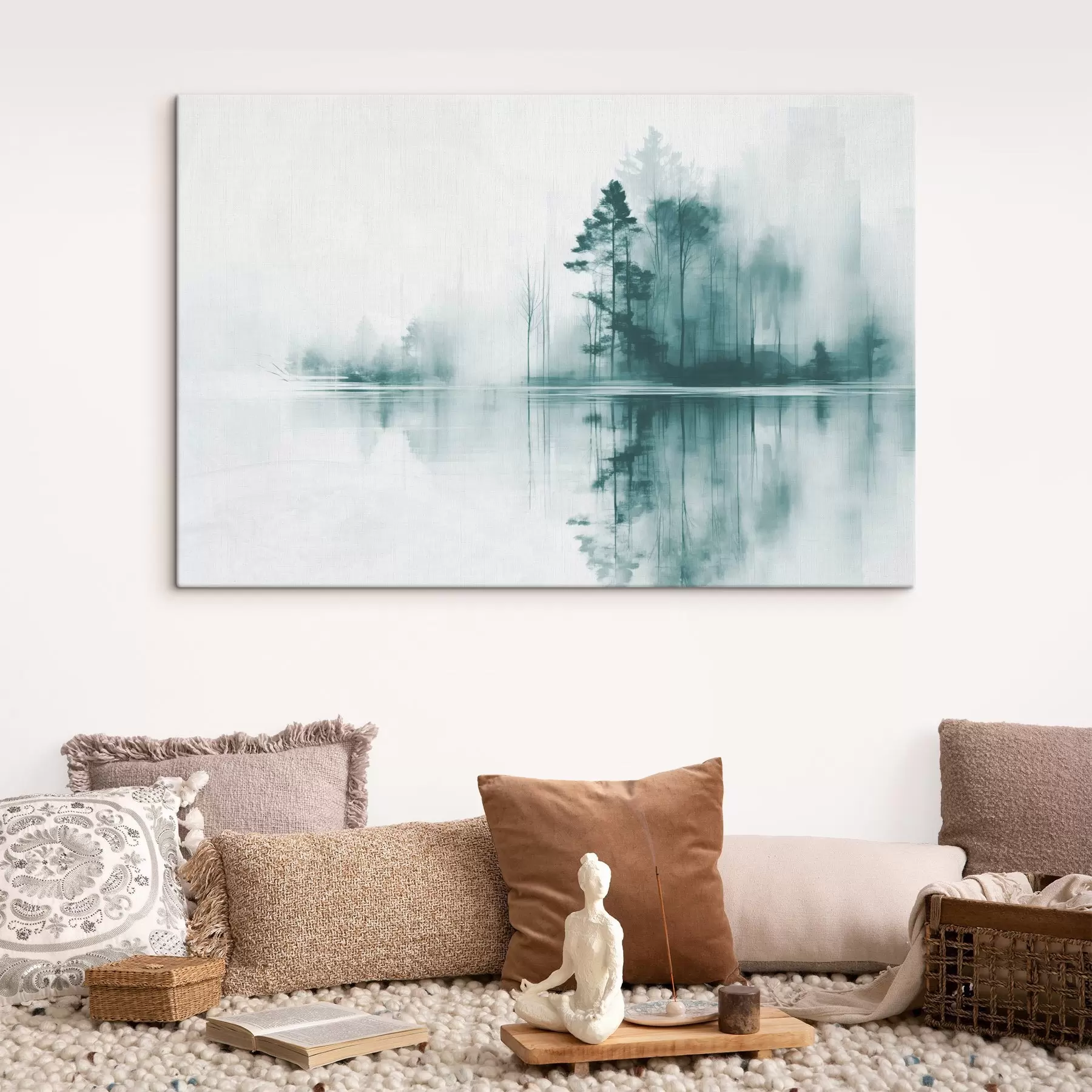 Fototapete Abstrakter Wald mit hohen Bäumen, die sich im Wasser spiegeln, gedeckte Farbpalette s44403