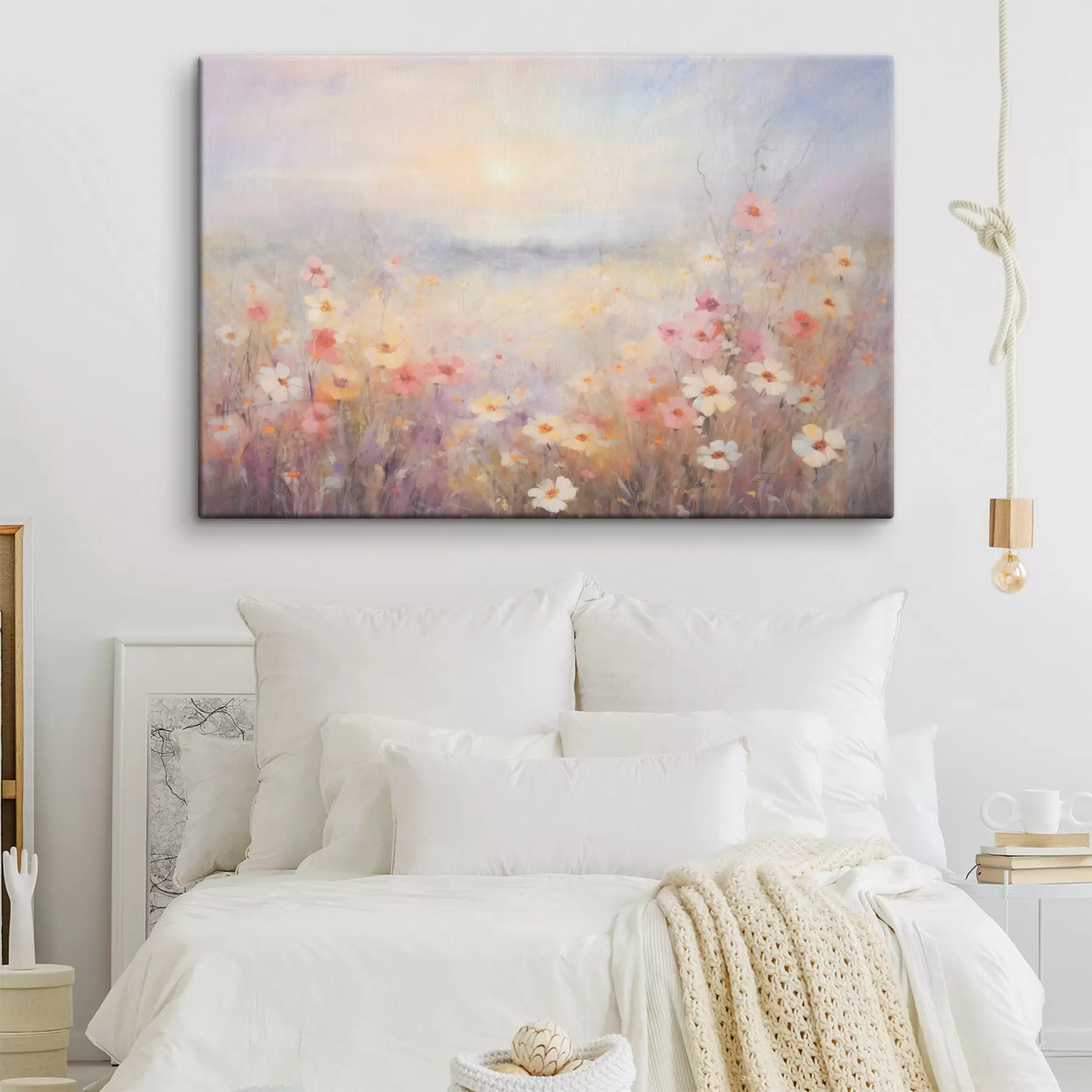 Fototapete Strukturierte sonnige Landschaft eines Blumenfeldes, weiche Pastellfarben, verträumte Atmosphäre s44408