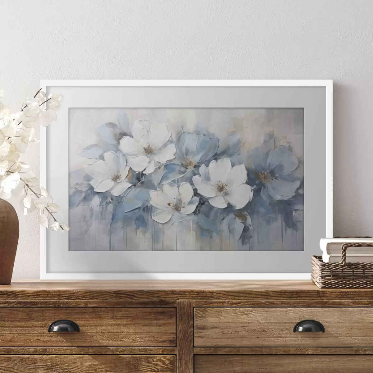 Poster Weiße Blüten auf blauem Grund f44395
