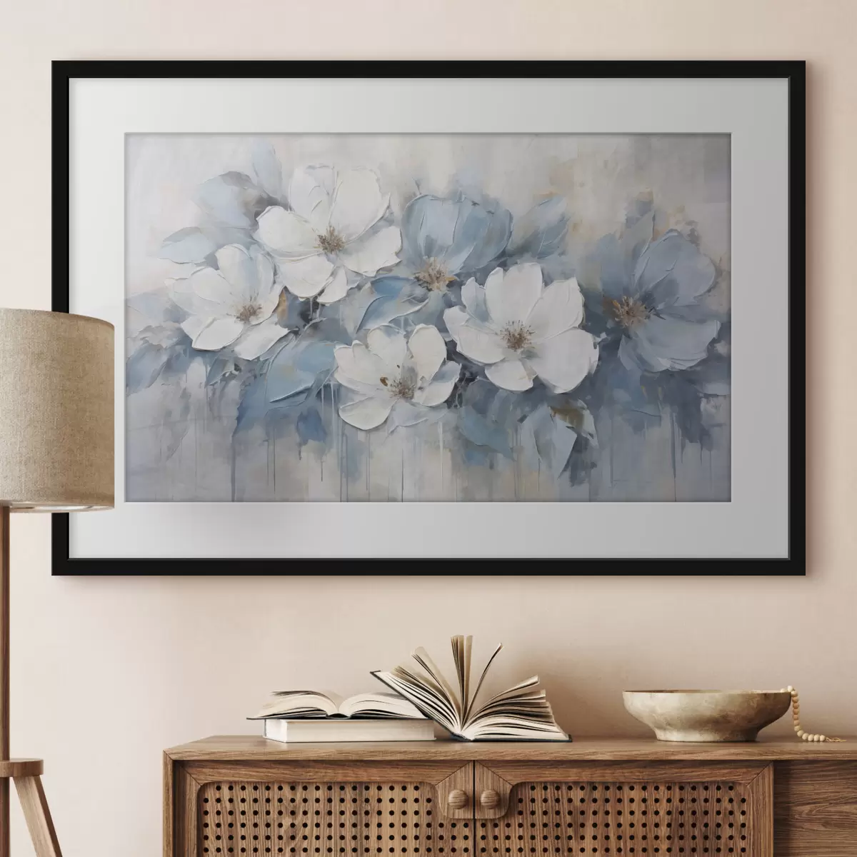 Poster Weiße Blüten auf blauem Grund f44395