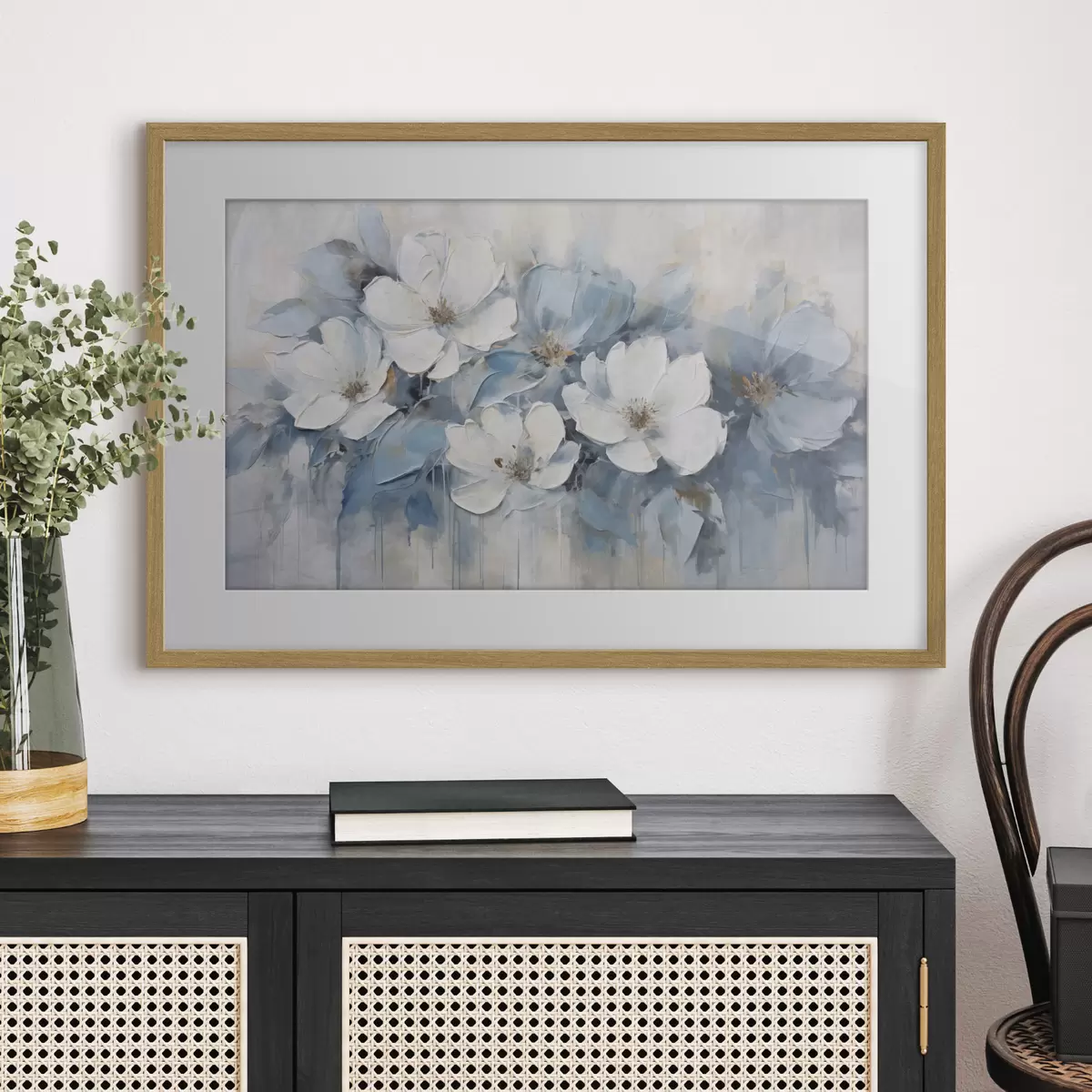 Poster Weiße Blüten auf blauem Grund f44395