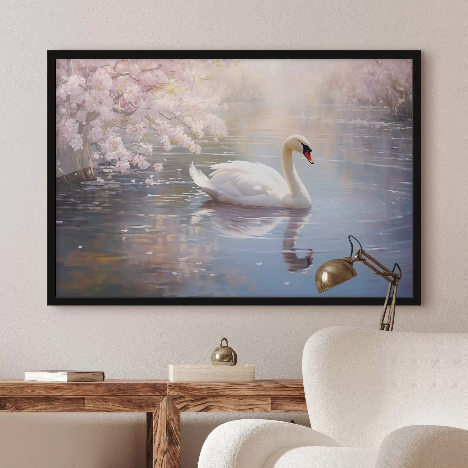 Fototapete Ein weißer Schwan schwimmt in einem See mit Kirschblütenbäumen, Pastellfarben f44396