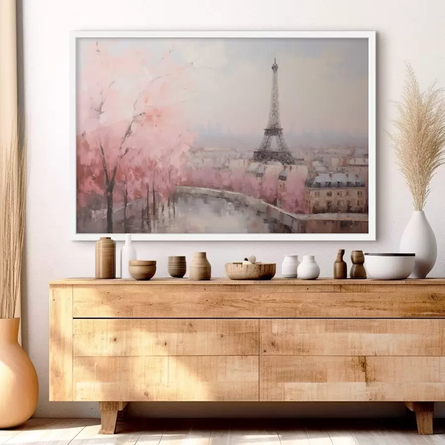 Fototapete Eiffelturm in Paris mit Kirschblütenbäumen im Frühling, sanfte Pastellfarben f44398