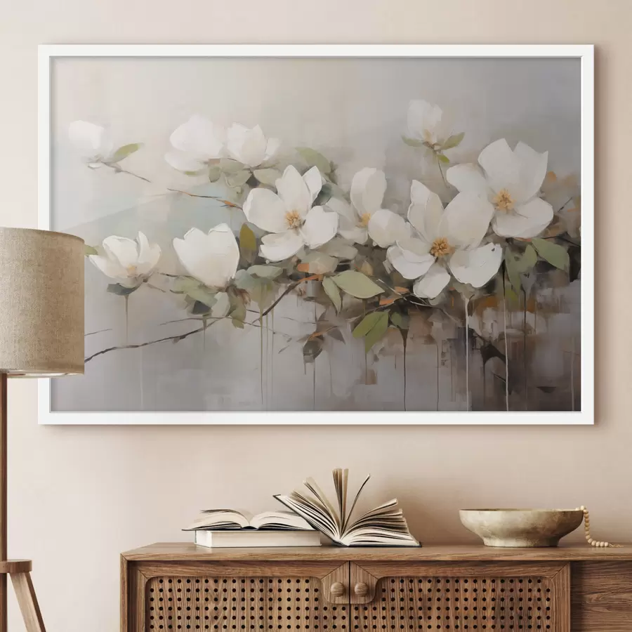 Fototapete Weiße Magnolienblüten mit grünen Blättern auf einem Zweig, weiche Pinselstriche, gedeckte Farben f44404