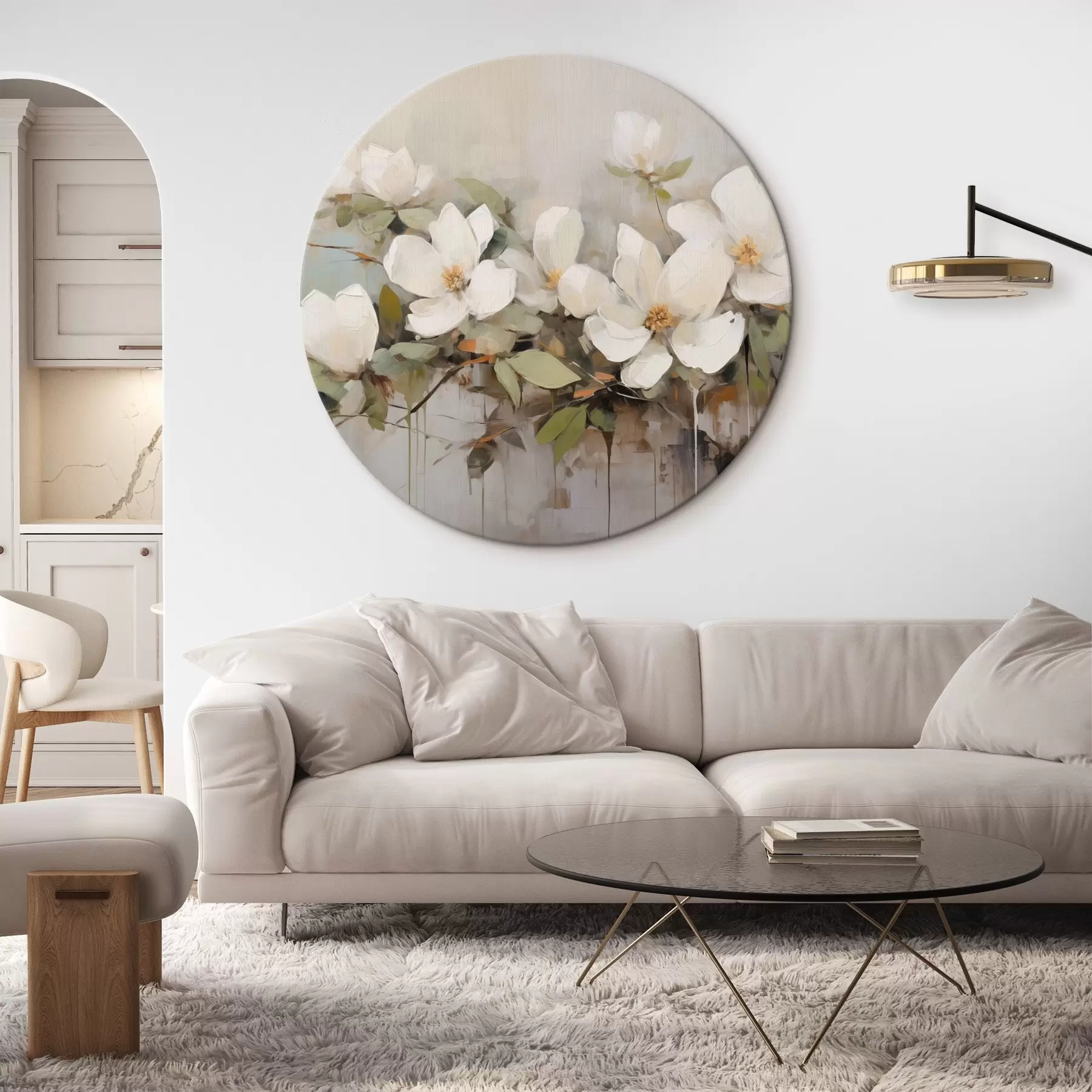 Fototapete Weiße Magnolienblüten mit grünen Blättern auf einem Zweig, weiche Pinselstriche, gedeckte Farben r44404