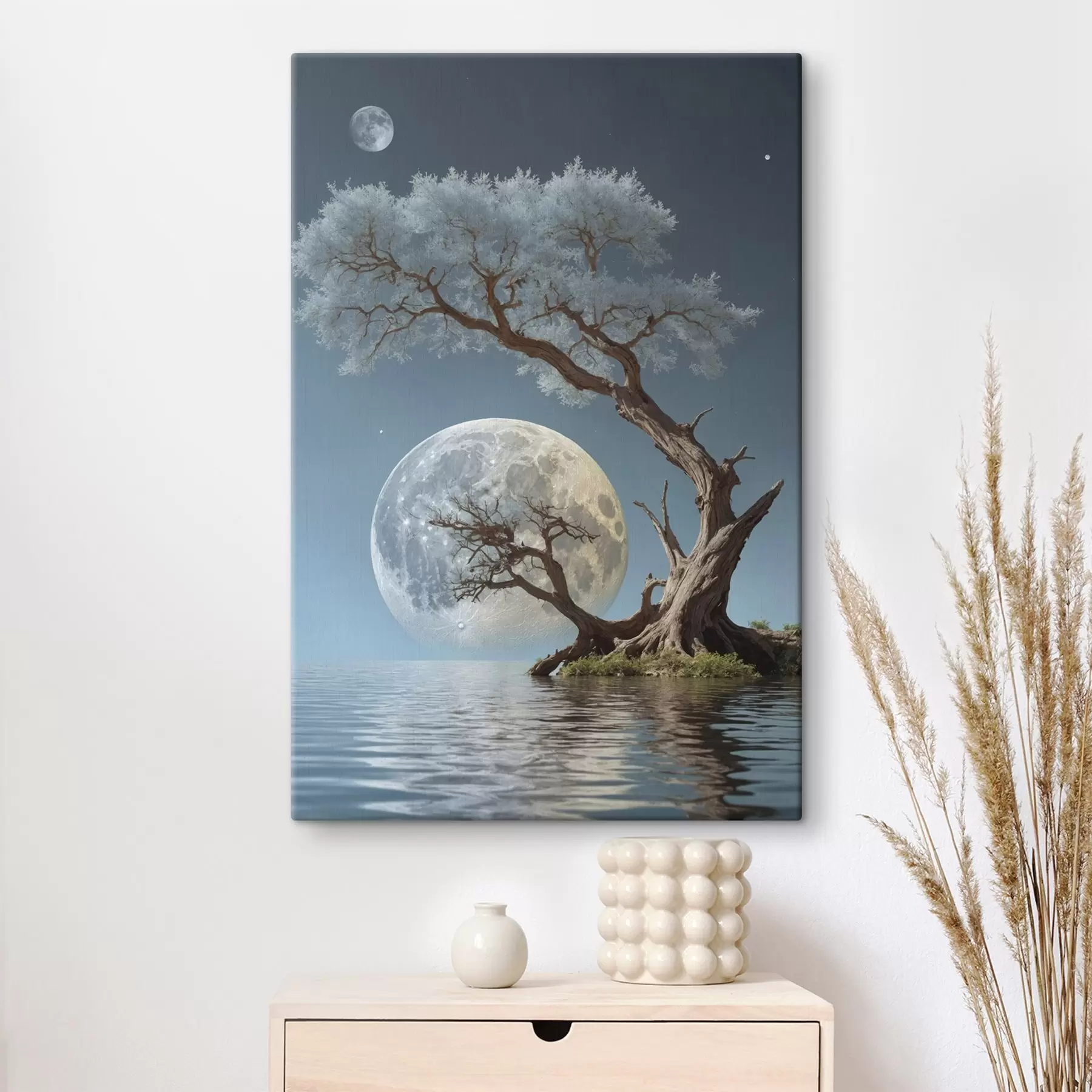 Fototapete Baum wächst in der Mitte eines Sees auf Mond Hintergrund s44481