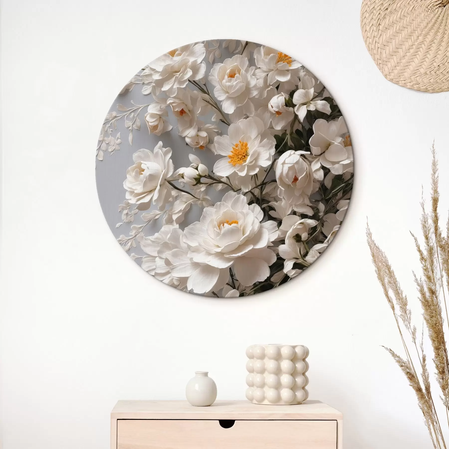 Fototapete Weiße Blumen und Blätter auf weißem Hintergrund r44465