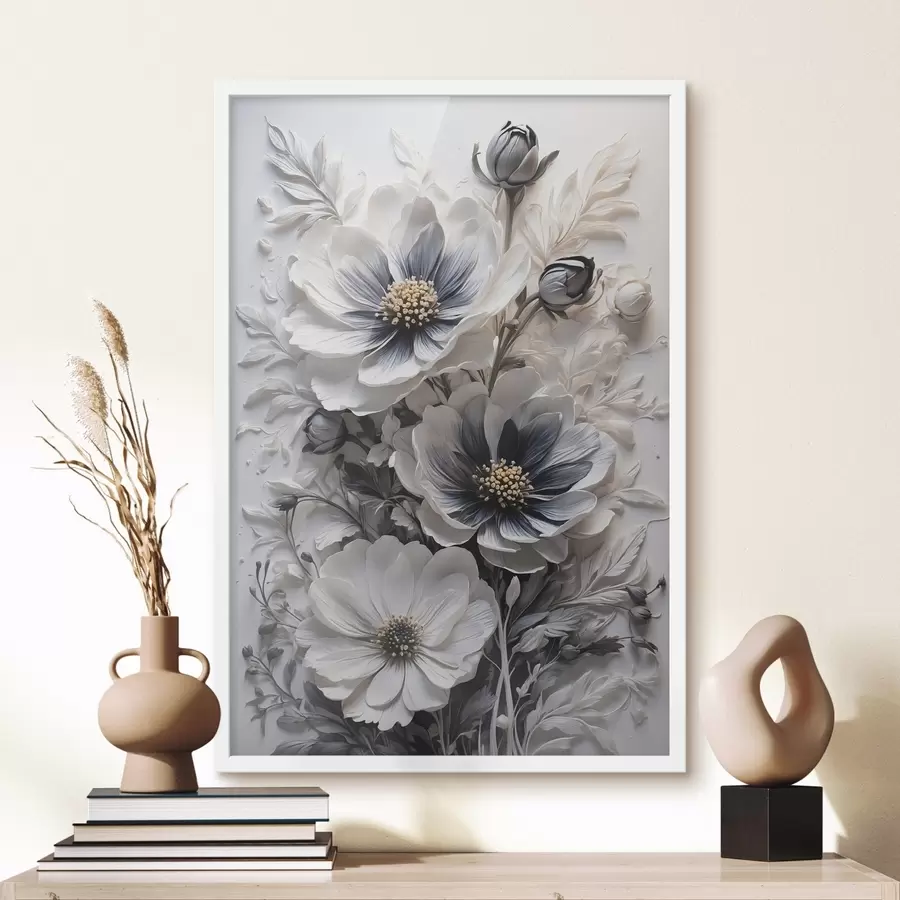 Fototapete Schwarze und weiße Blumen auf weißem Hintergrund f44446