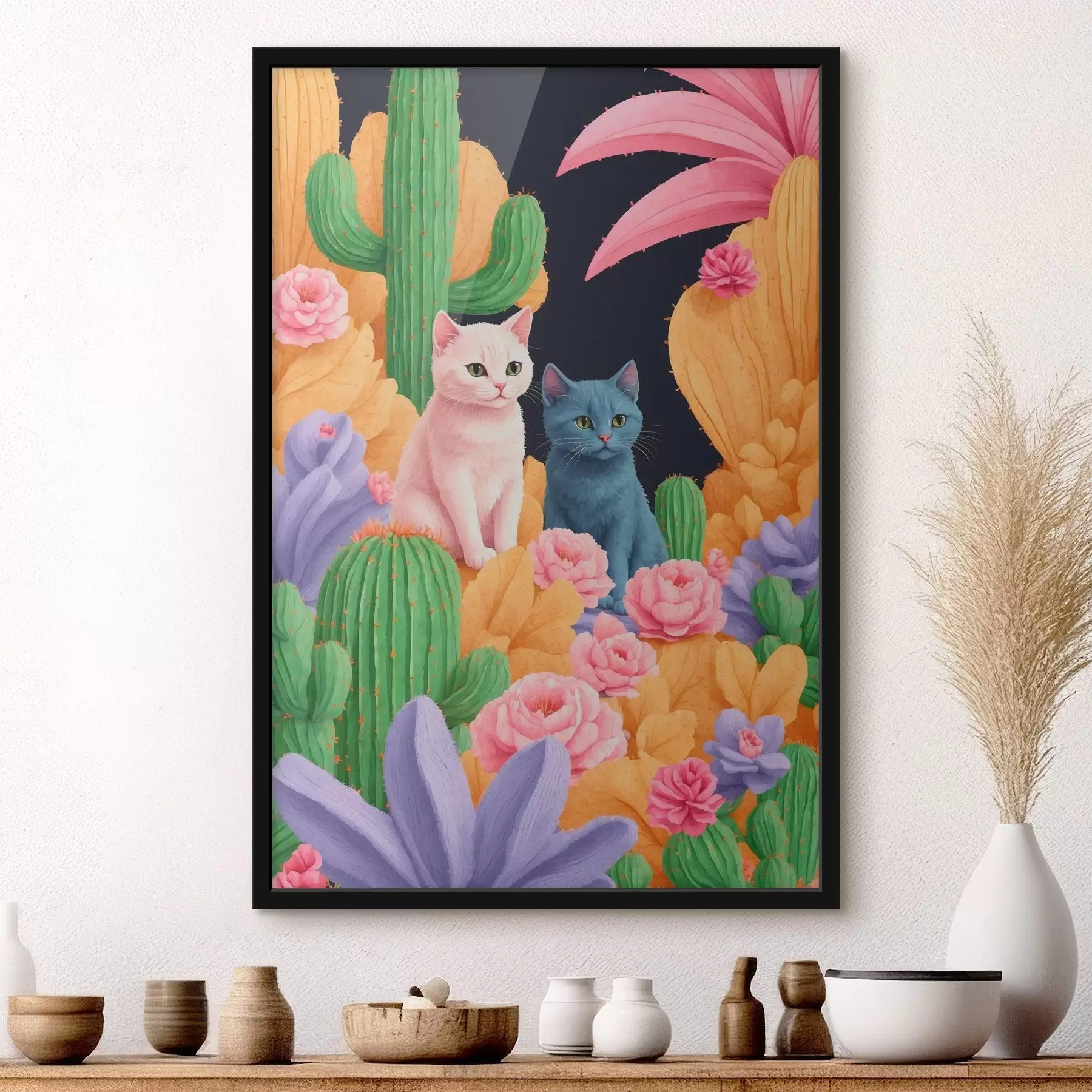 Fototapete Künstliche Katzen zwischen Blumen und Kakteen f44452