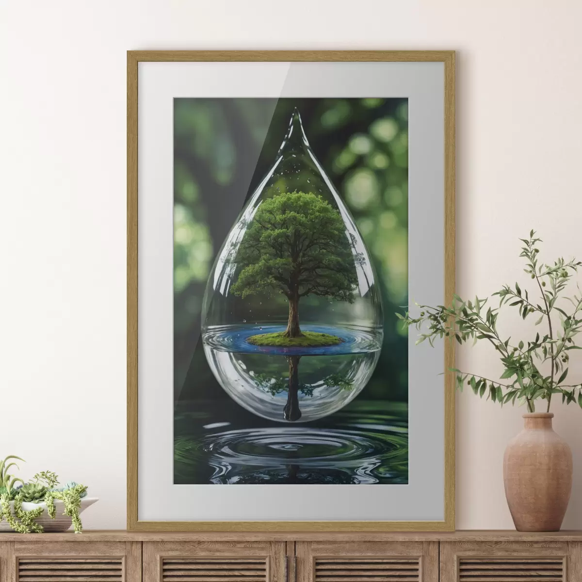 Poster Tropfen mit Baumreflexion f44480