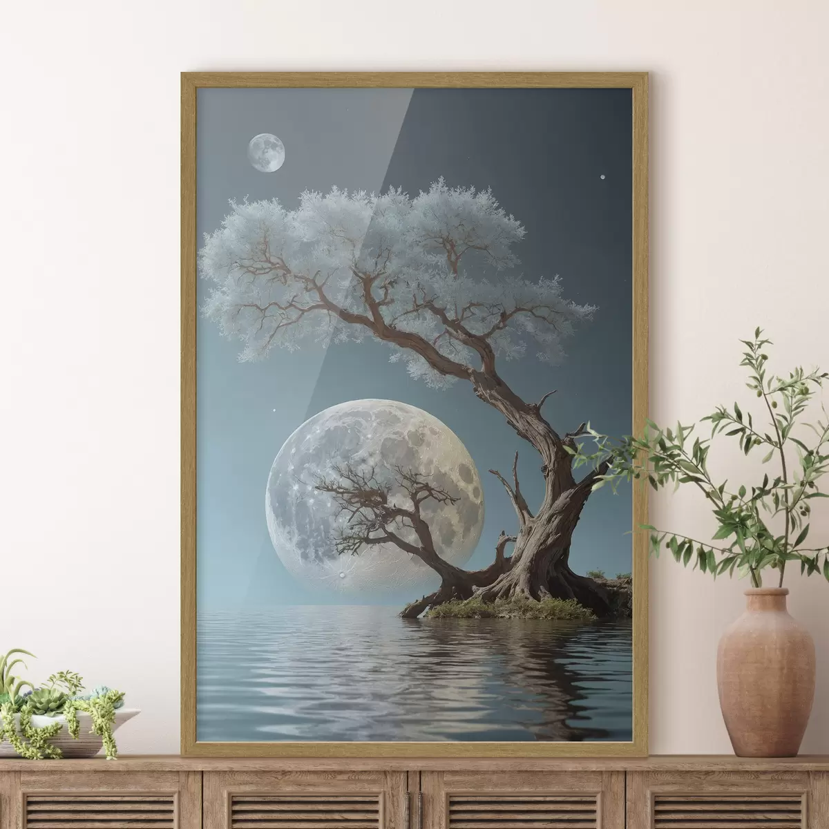 Poster Baum wächst in der Mitte eines Sees auf Mond Hintergrund f44481