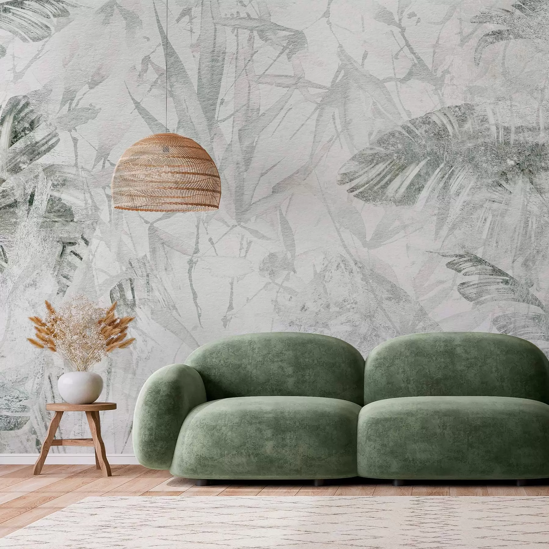 Fototapete Florale Abstraktion im Grunge-Stil mit Nachahmung von Abrieb, Grüntöne w03926v2