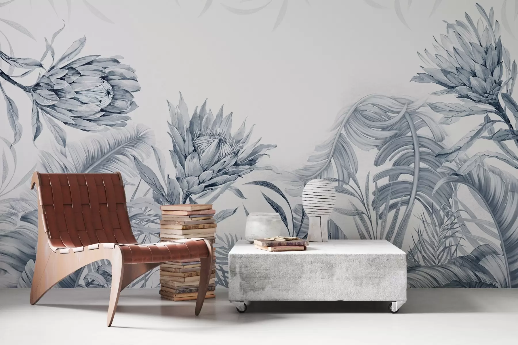 Fototapete Protea unter tropischen Blättern, Grüntöne w03952v2