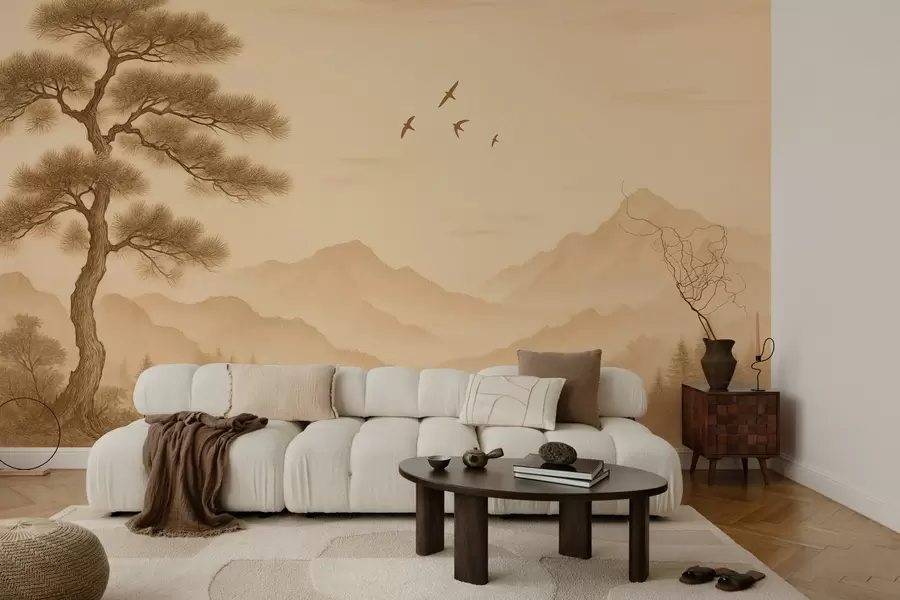 Fototapete panorama der Hügel mit einem großen Baum im Sepia-Stil w04033