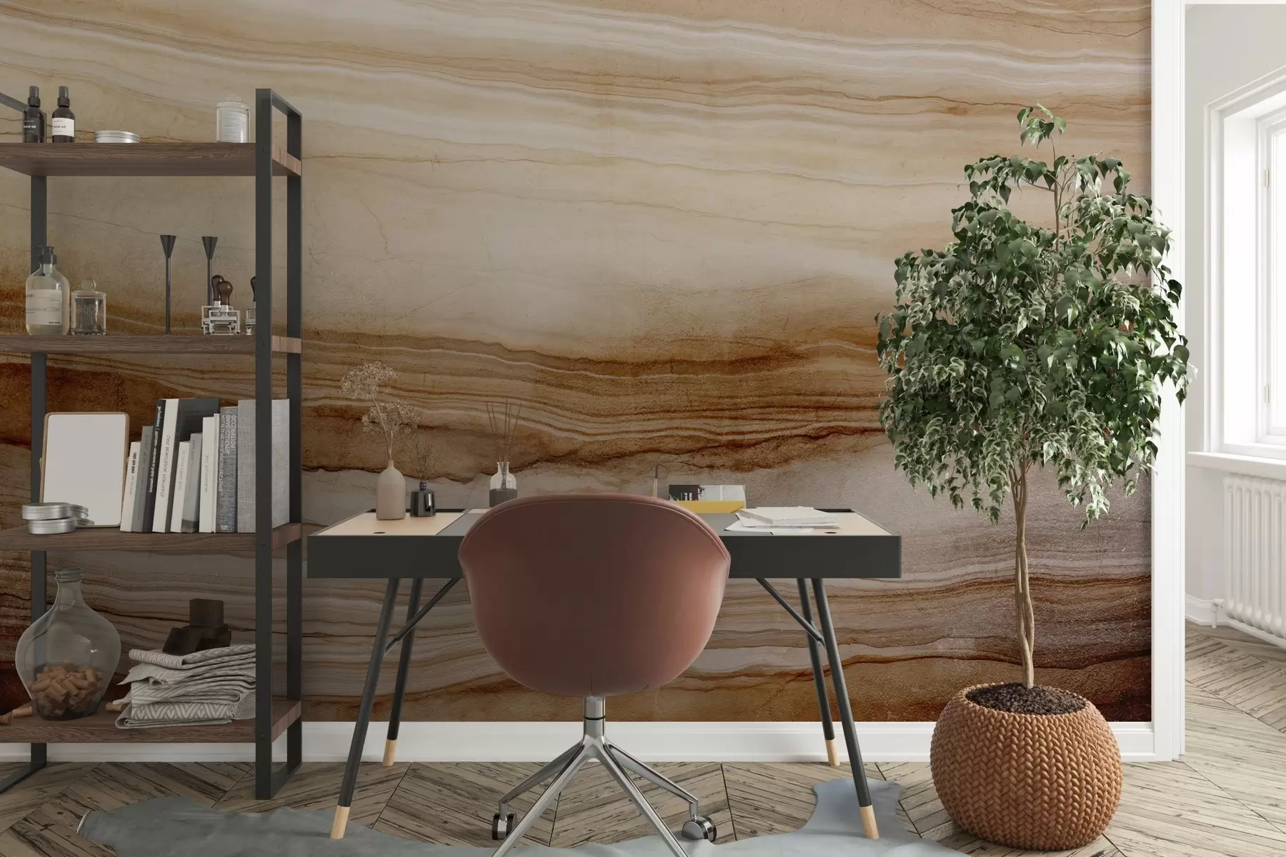 Fototapete Holzstruktur-Imitation mit horizontalen Linien, beige und dunkelbraun, Naturdruck, erdige, weiche Töne w09156