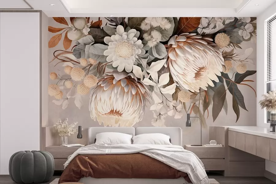 Fototapete Große, strukturierte Protea mit braunen Akzenten, weißen Gänseblümchen und gelben Blüten, beigefarbener, gedämpfter Hintergrund w09157