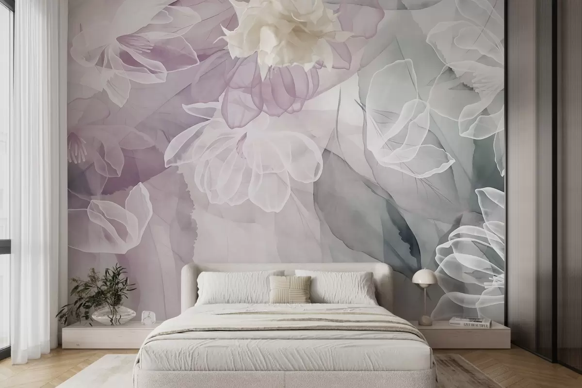 Fototapete Blüten und Blätter mit transparenten Blütenblättern in Weiß-, Rosa- und Grüntönen, weich und zart w09158v1