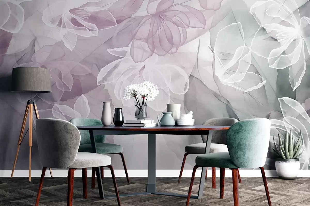 Fototapete Blüten und Blätter mit transparenten Blütenblättern in Weiß-, Rosa- und Grüntönen, weich und zart w09158v1