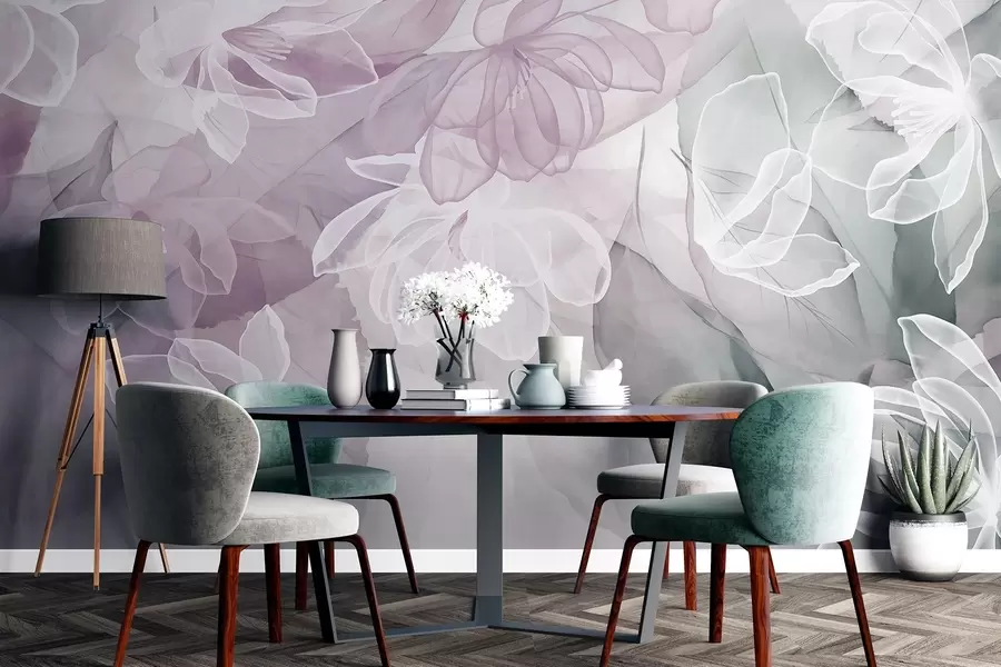 Fototapete Blüten und Blätter mit transparenten Blütenblättern in Weiß-, Rosa- und Grüntönen, weich und zart w09158v1