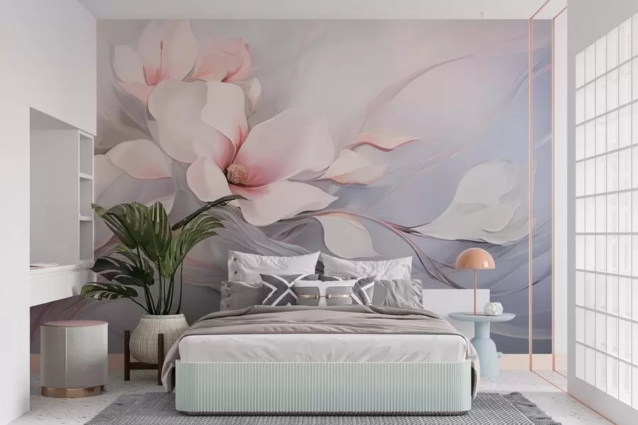 Fototapete Zarte Magnolienblüten mit rosafarbenen Blütenblättern und weißen Blättern, einer glatten Textur, fließenden Linien w09165