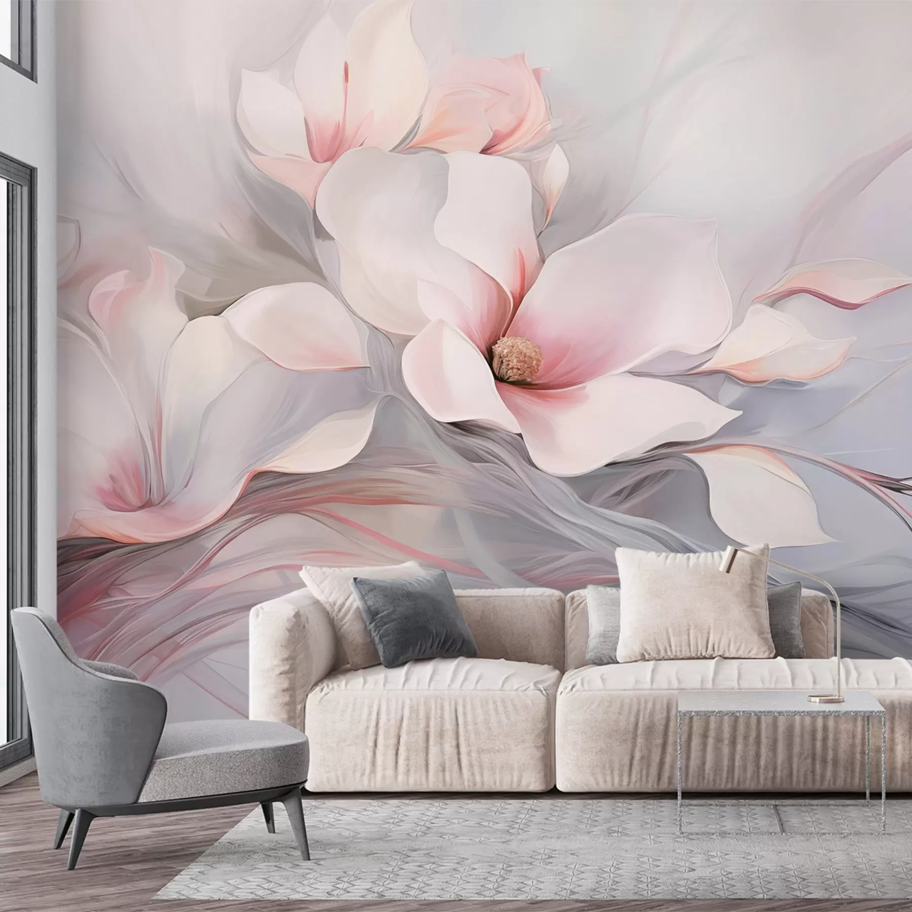 Fototapete Zarte Magnolienblüten mit rosafarbenen Blütenblättern und weißen Blättern, einer glatten Textur, fließenden Linien w09165