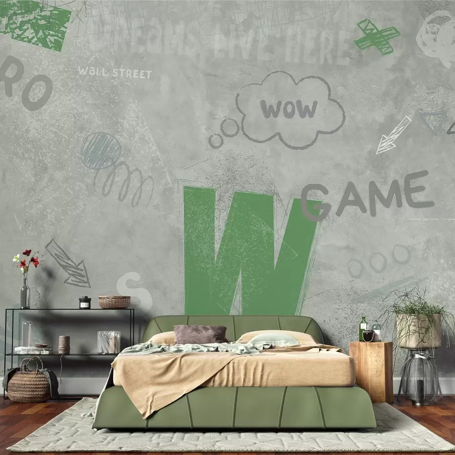 Fototapete Street Art Design mit grüner Farbe Schriftzug auf dem Hintergrund der Betonwand w04056v2