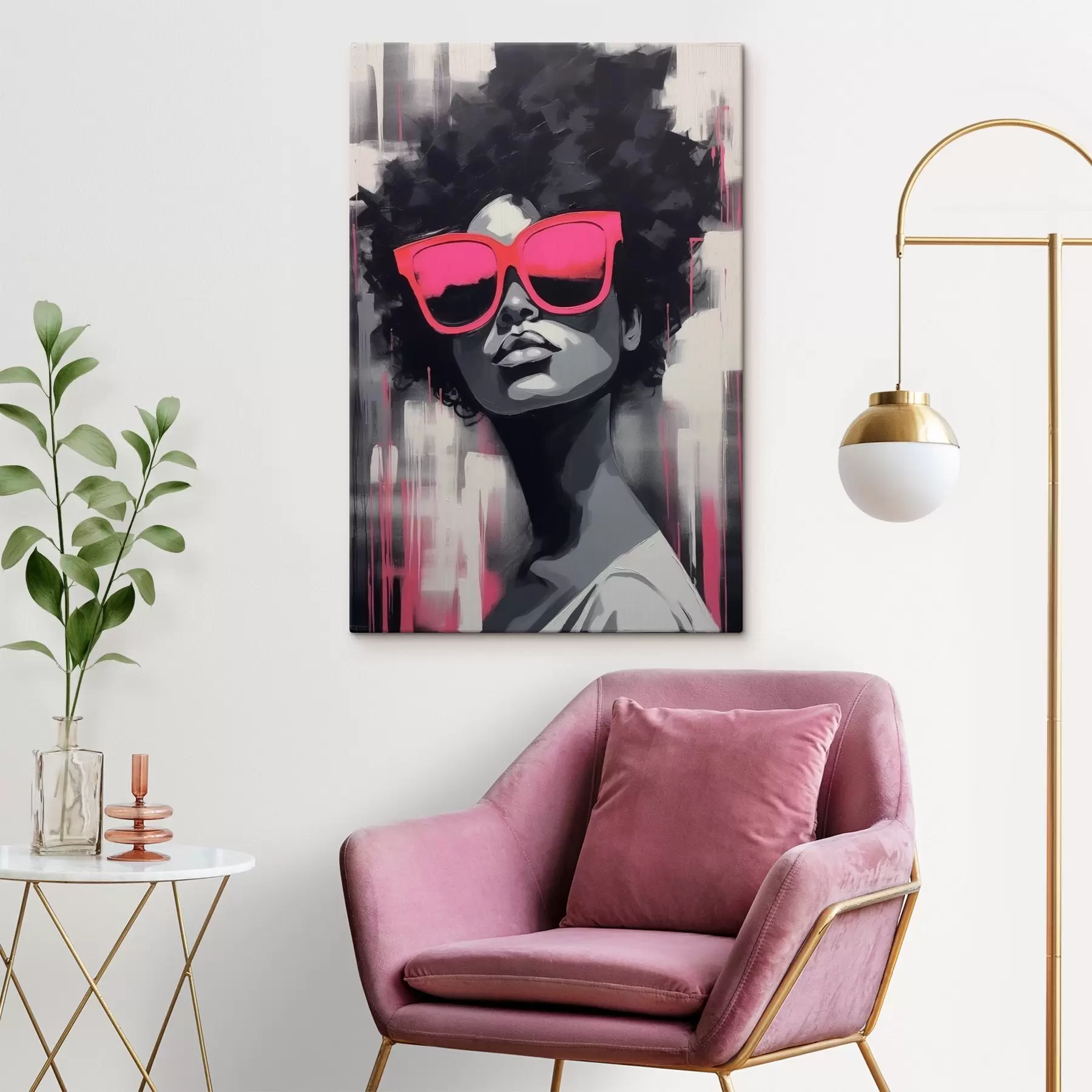 Fototapete Mädchen mit rosa Brille, schwarzer und weißer Stil s44624