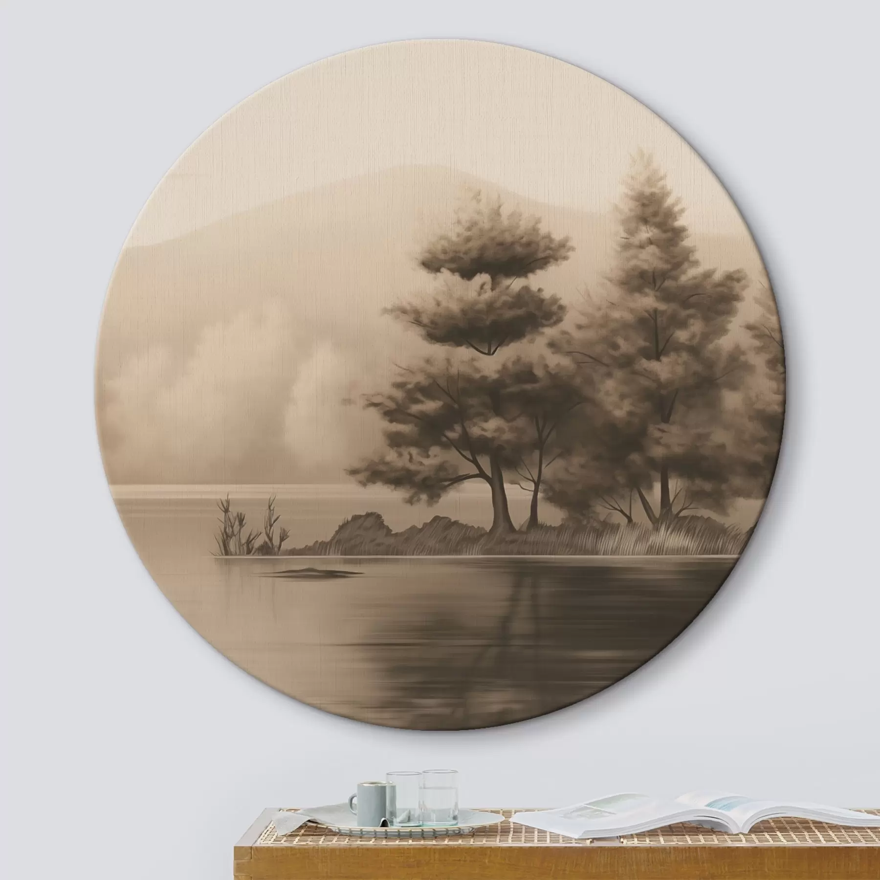 Fototapete See und Bäume in Sepia r44633