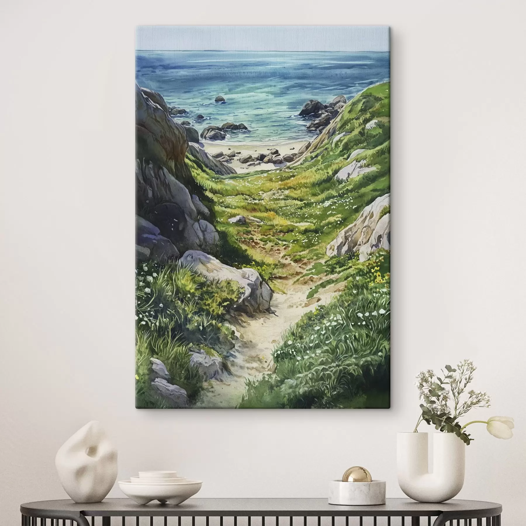 Fototapete Meeresküste mit Felsen und grünem Gras, Aquarellstil, Sommer s44616