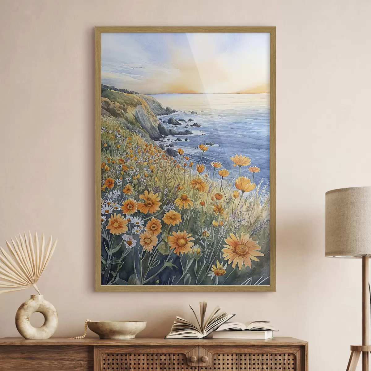 Poster Klippe mit orangefarbenen Blumen, Meeresküste, Portugal, Aquarellstil f44604