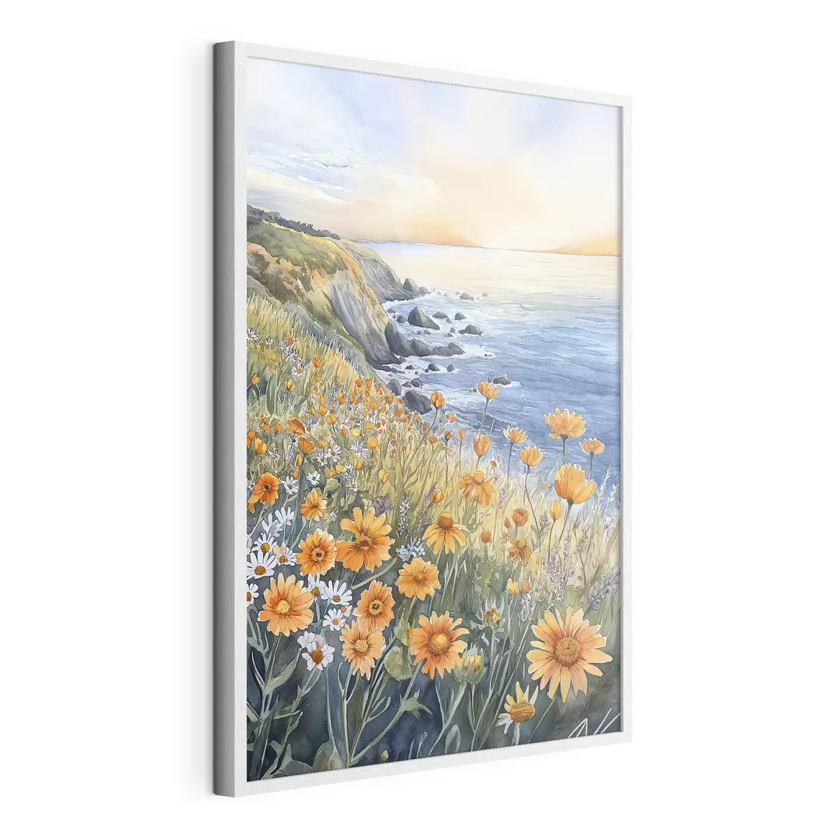 Poster Klippe mit orangefarbenen Blumen, Meeresküste, Portugal, Aquarellstil f44604