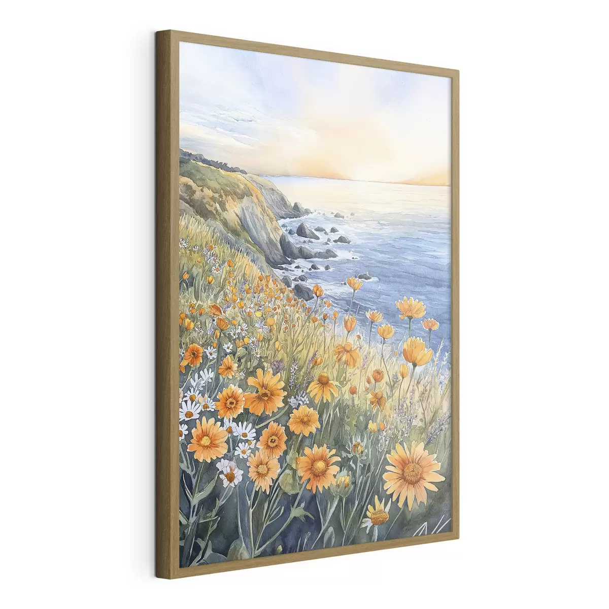 Poster Klippe mit orangefarbenen Blumen, Meeresküste, Portugal, Aquarellstil f44604