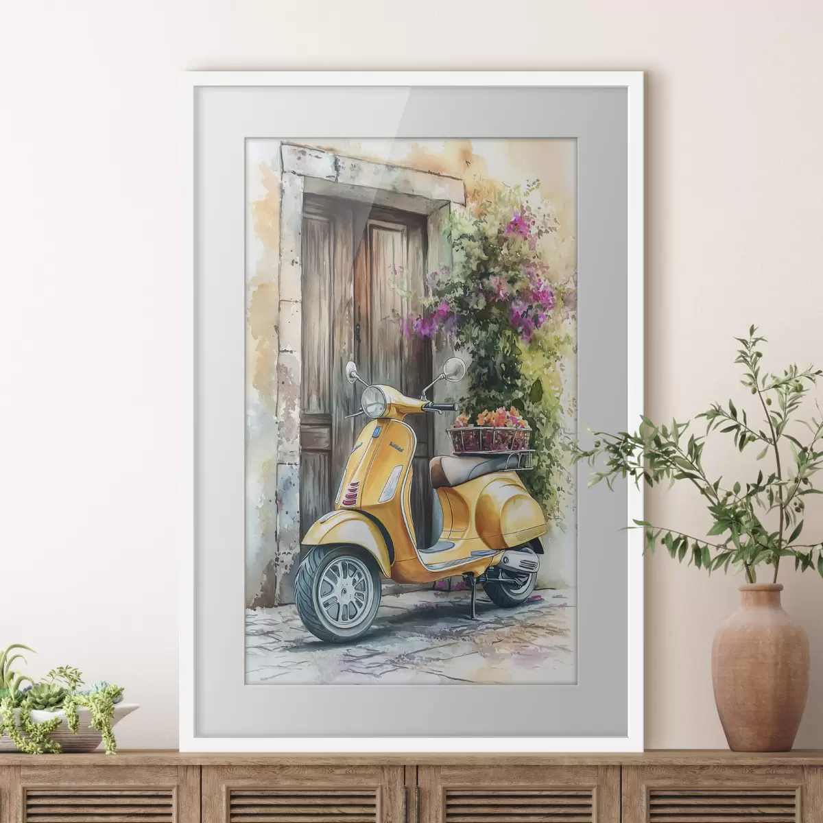 Poster Gelber Vespa-Roller in der Nähe der Holztür mit Blumen f44607