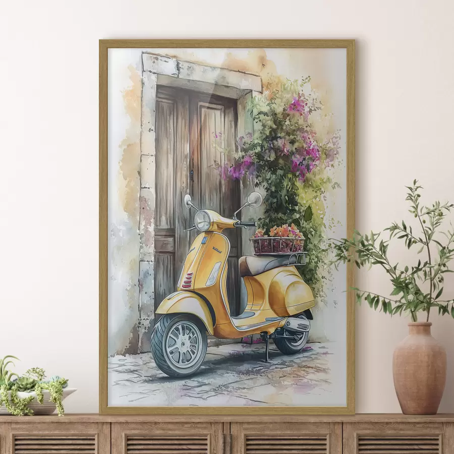 Fototapete Gelber Vespa-Roller in der Nähe der Holztür mit Blumen f44607
