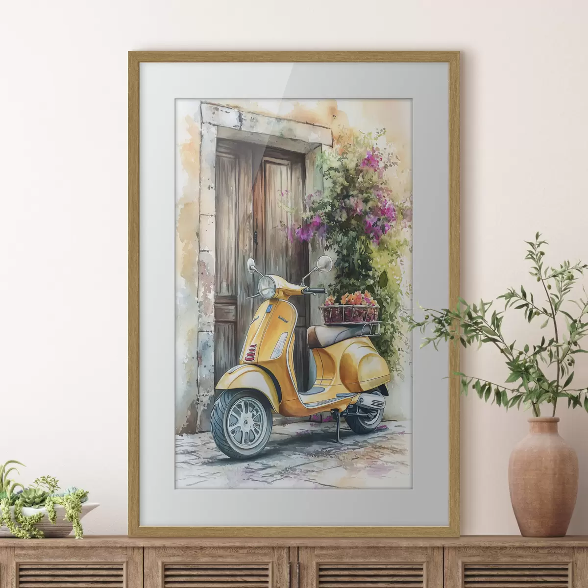Poster Gelber Vespa-Roller in der Nähe der Holztür mit Blumen f44607