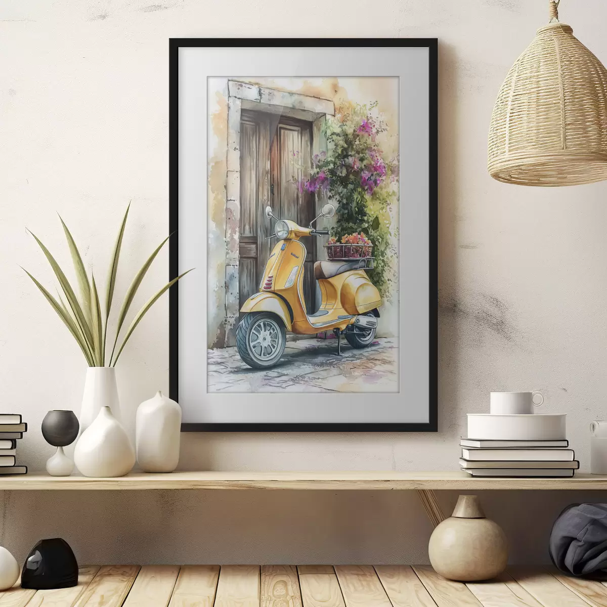 Poster Gelber Vespa-Roller in der Nähe der Holztür mit Blumen f44607