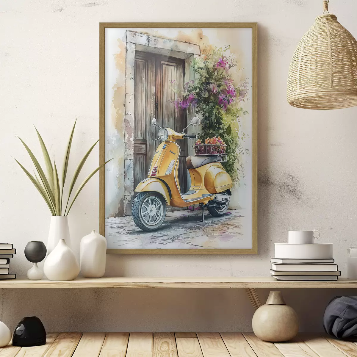 Poster Gelber Vespa-Roller in der Nähe der Holztür mit Blumen f44607